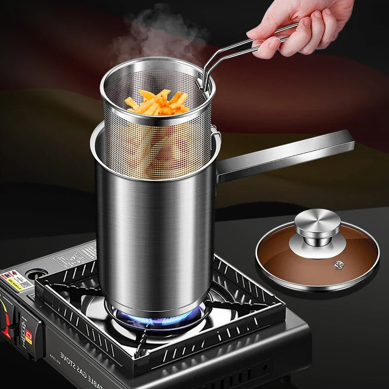 Household small frying pan with filter made of German 304 stainless steel, deep and fuel-efficient, deep kitchen utensils