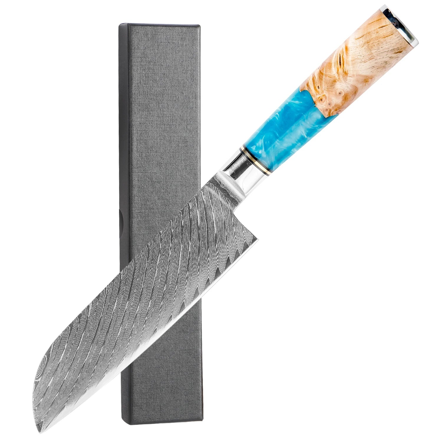 Blue resin Damascus Japanese knife, extremely sharp, suitable for cutting meat and vegetables, multi-purpose kitchen knife.