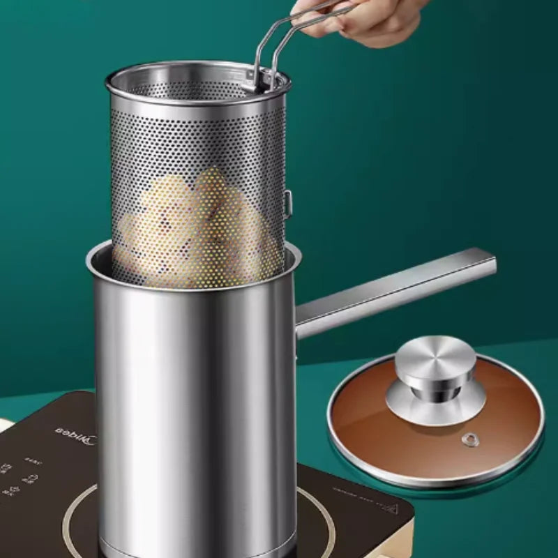 Household small frying pan with filter made of German 304 stainless steel, deep and fuel-efficient, deep kitchen utensils