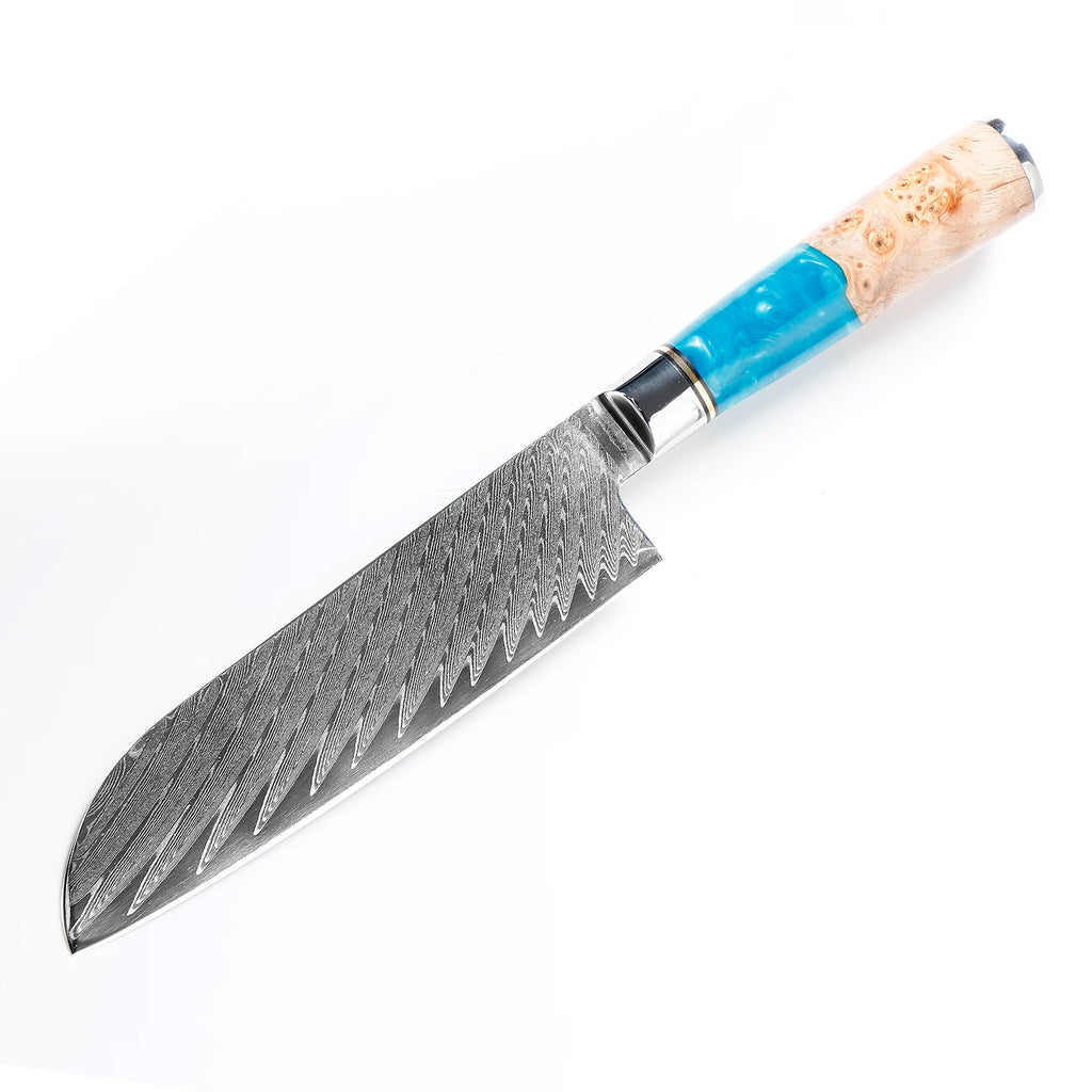Blue resin Damascus Japanese knife, extremely sharp, suitable for cutting meat and vegetables, multi-purpose kitchen knife.
